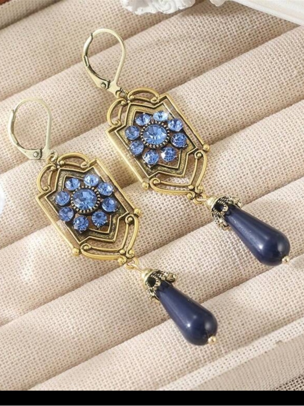 Victorian Rhinestones, Blue Color Bead Boho Crystal, Dangle, Golden earrings